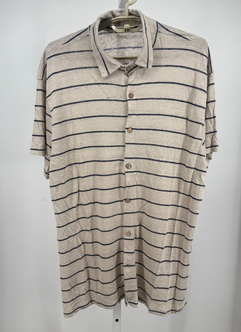 Alex Crane Shirt Mens L Cream Black Short Sleeve European Linen Striped Summer